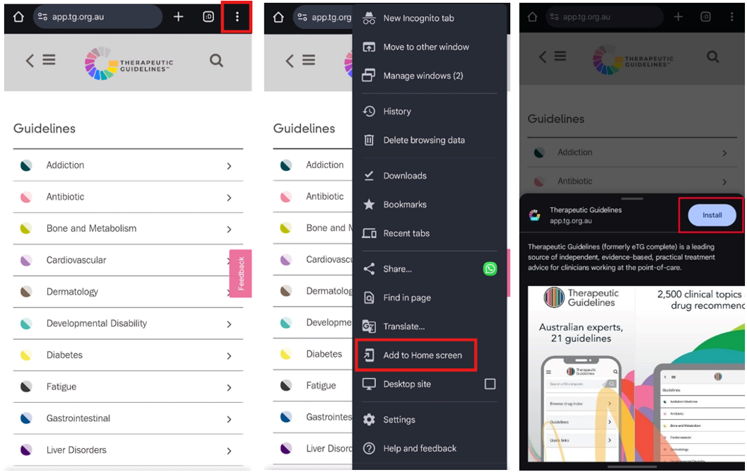installing therapeutic guidelines app via web browser ios